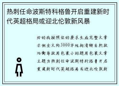热刺任命波斯特科格鲁开启重建新时代英超格局或迎北伦敦新风暴 热刺任命波斯特科格鲁开启重建新时代英超格局或迎北伦敦新风暴